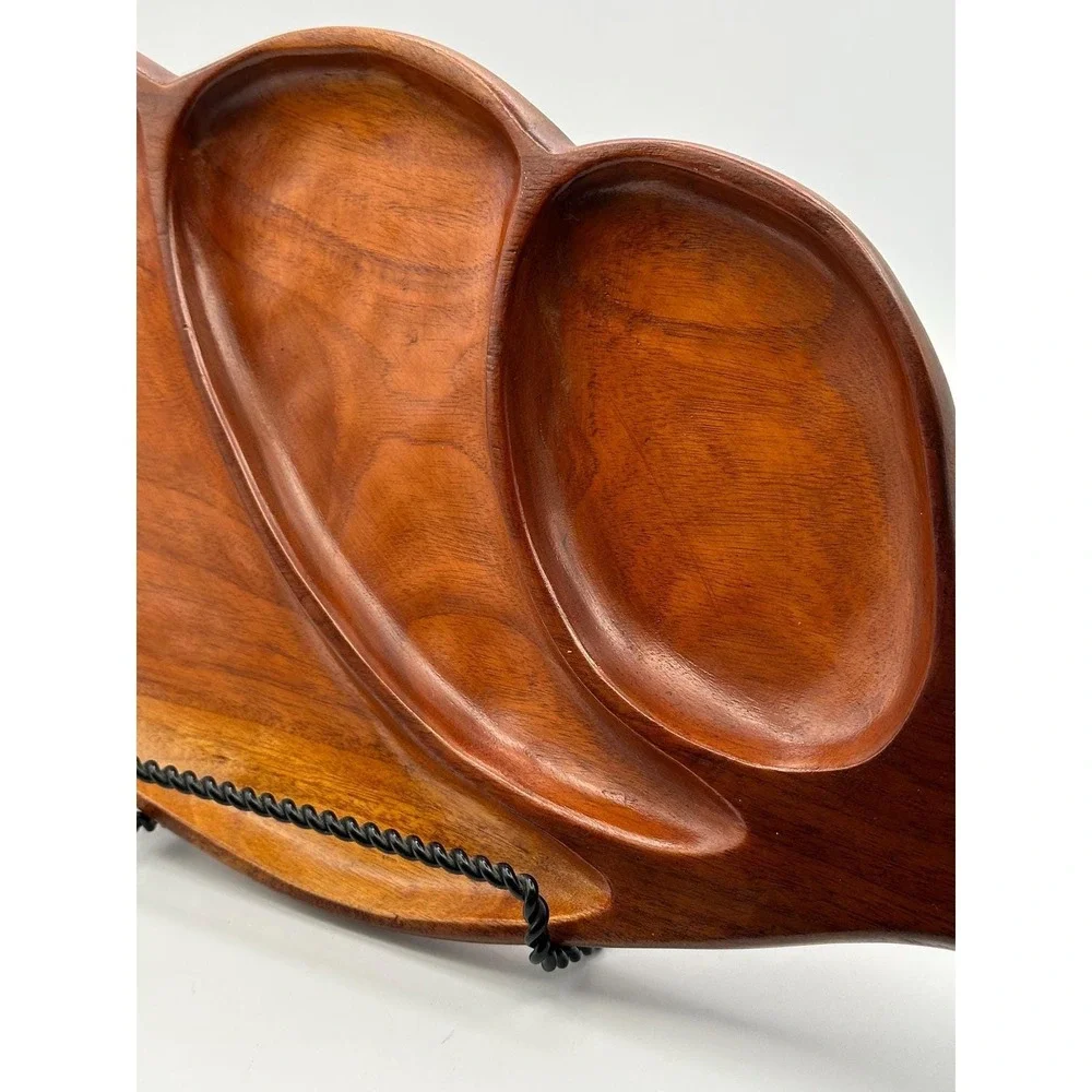Vintage MCM Monkey Pod Wood Serving Tray 3 Compartment Snack Dish